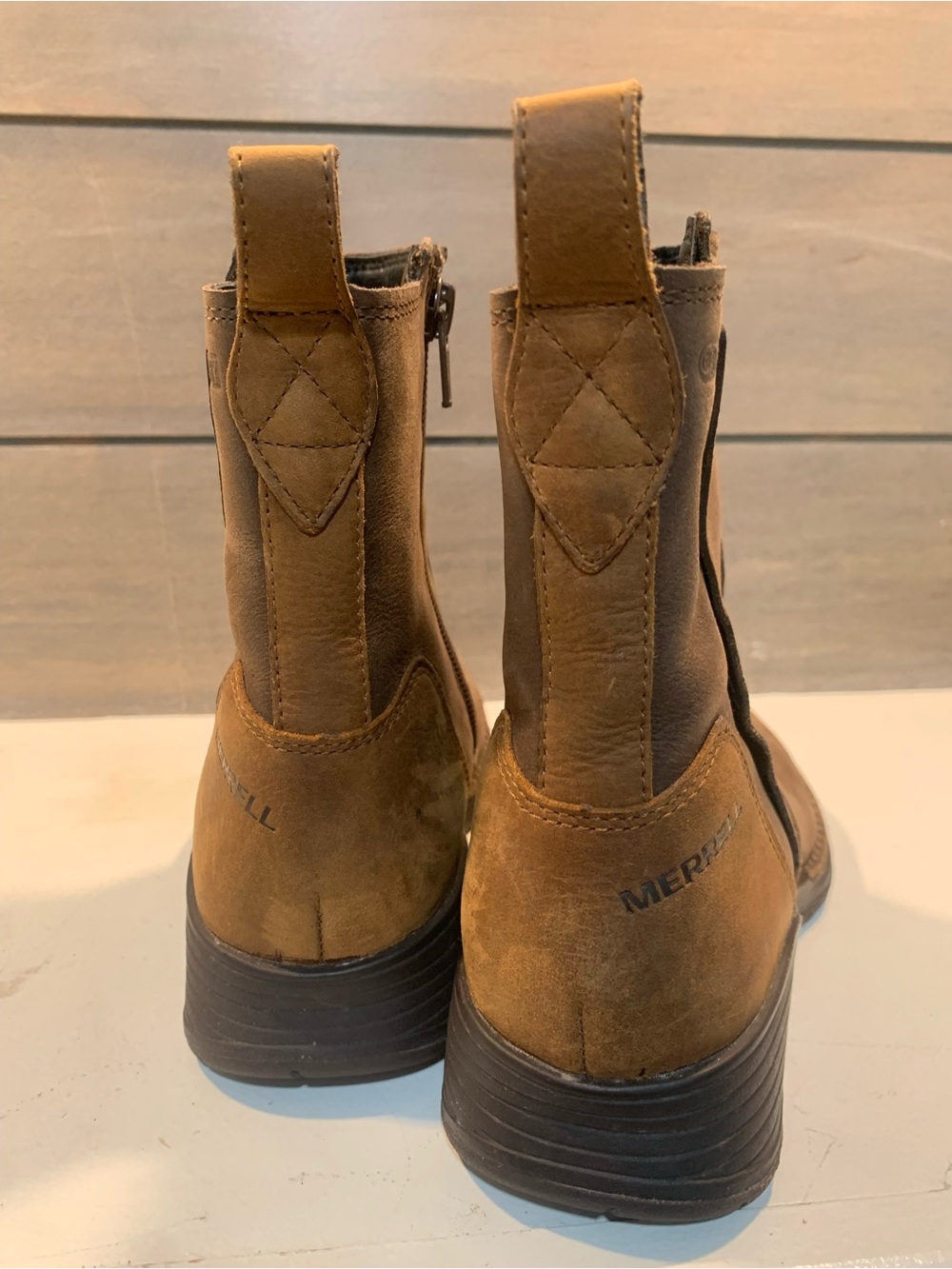 Merrell Womens Tan Leather Ankle Boots Zip Closure Waterproof Size 5 Western - Picture 6 of 8